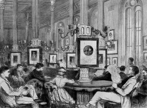 The reading room of the Boston Public Library, an engraving drawn by J. J. Harley and printed January 1871 in Every Saturday, a weekly newspaper published in Boston by James Osgood & Co.